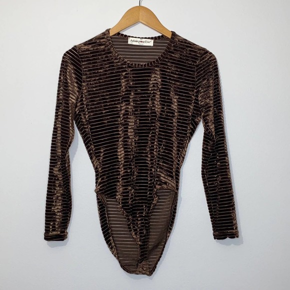M VTG Adam Pour Eve Paris Brown Velvet Sheer Mesh Striped Long Sleeve Bodysuit - Picture 9 of 12